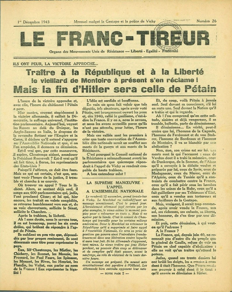 Décembre 1943. Le Franc-Tireur. L’un des titres de presse clandestin.